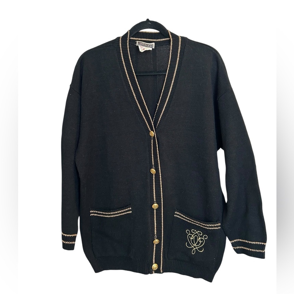 Vintage Sears V-Neck Cardigan with Gold Buttons and Metallic Trim